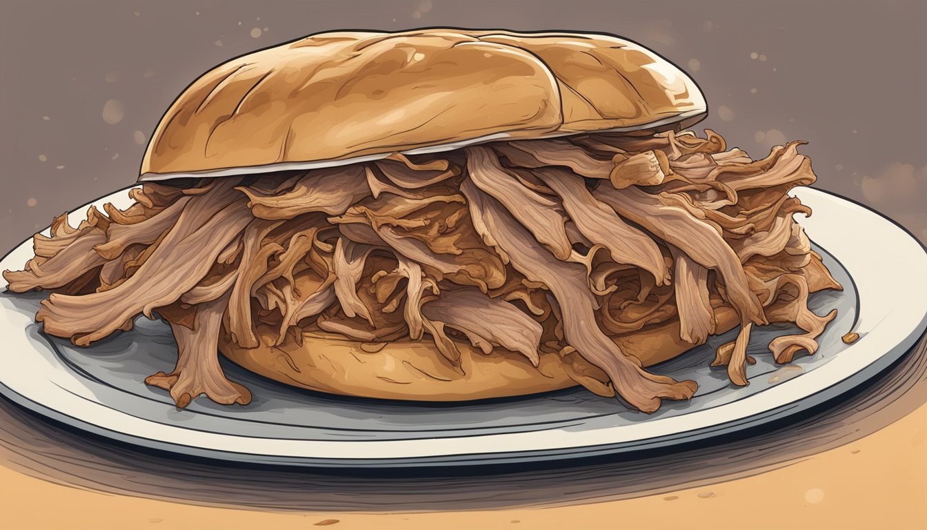 A plate of pulled pork with visible signs of spoilage, such as discoloration, off-putting odor, and mold growth