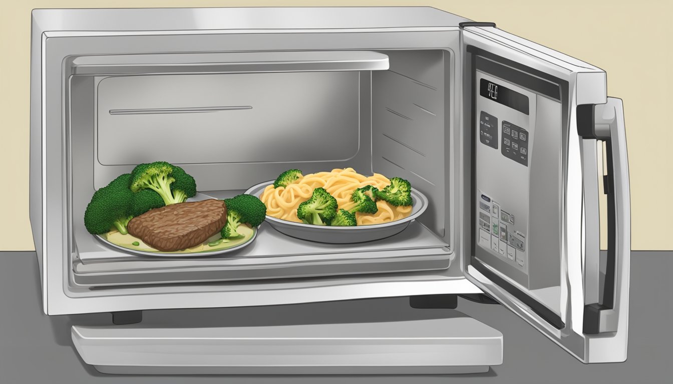 A microwave door opens with a plate of beef and broccoli alfredo inside. A digital timer displays the remaining time as the dish heats up