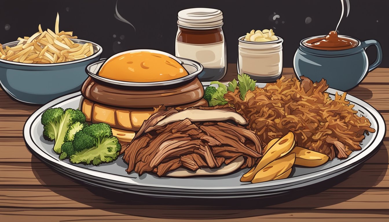 A plate of reheated pulled pork with BBQ sauce, surrounded by steaming side dishes, on a rustic wooden table