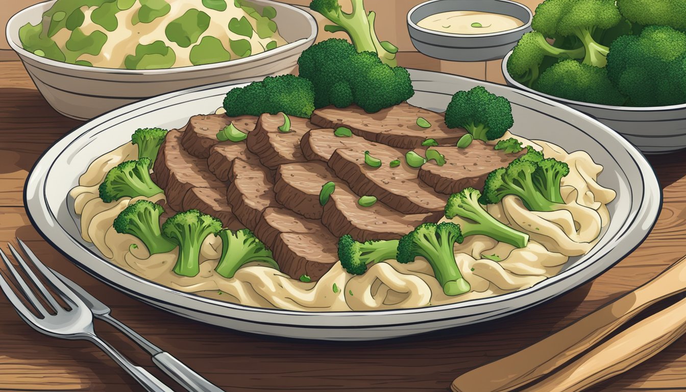 A steaming plate of beef and broccoli alfredo sits on a wooden table, surrounded by vibrant green broccoli florets and tender slices of beef in a creamy alfredo sauce