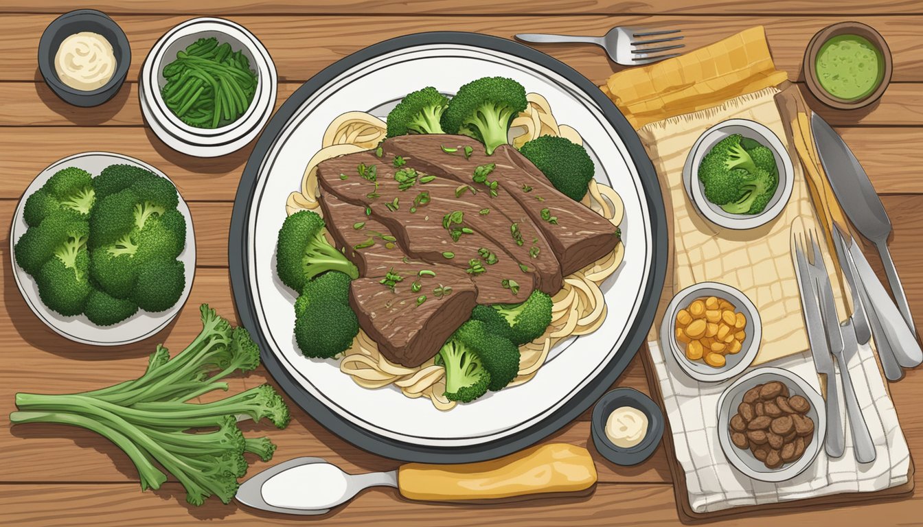 A steaming plate of beef and broccoli alfredo sits on a wooden table, surrounded by fresh ingredients and a handwritten meal plan