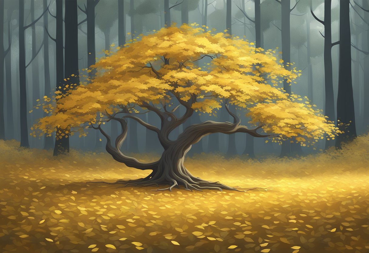 A solitary tree shedding golden leaves in a serene forest clearing