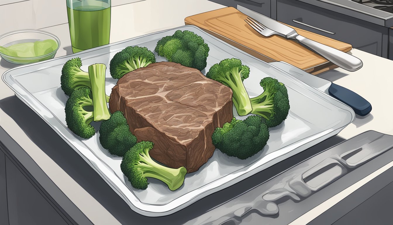 A plate of beef and broccoli sits on a kitchen counter, covered in plastic wrap. The leftovers are neatly arranged and ready to be reheated