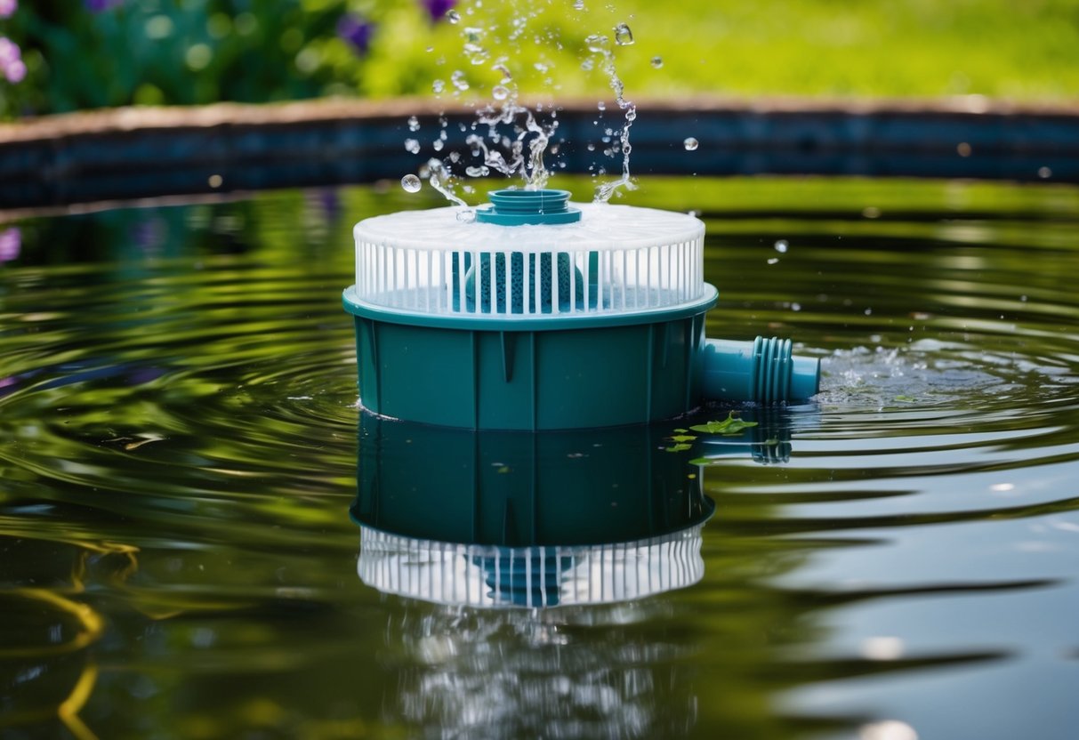 A pond filter pulls in water, removes debris, and releases clean water back into the pond