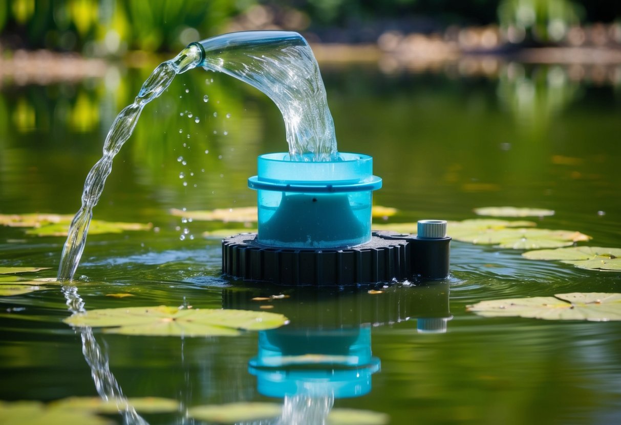 A clear pond water flows through a mechanical filter, trapping debris and waste, while beneficial bacteria break down harmful substances