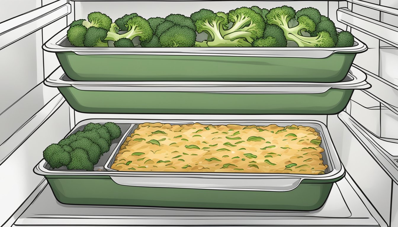 A beef and broccoli casserole is stored in an airtight container in the refrigerator. The container is labeled with the date it was made