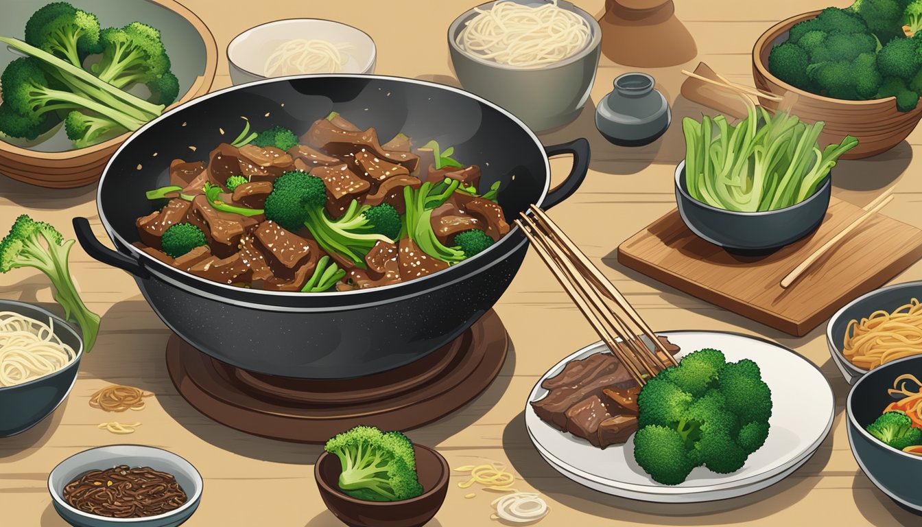 A sizzling wok with beef and broccoli stir-fry, surrounded by steaming noodles on a dinner table