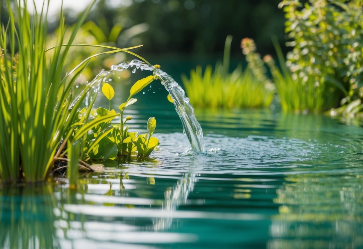 A tranquil pond with a clear water flow, showcasing a series of biological filtration processes at work, including plants and microorganisms breaking down organic waste