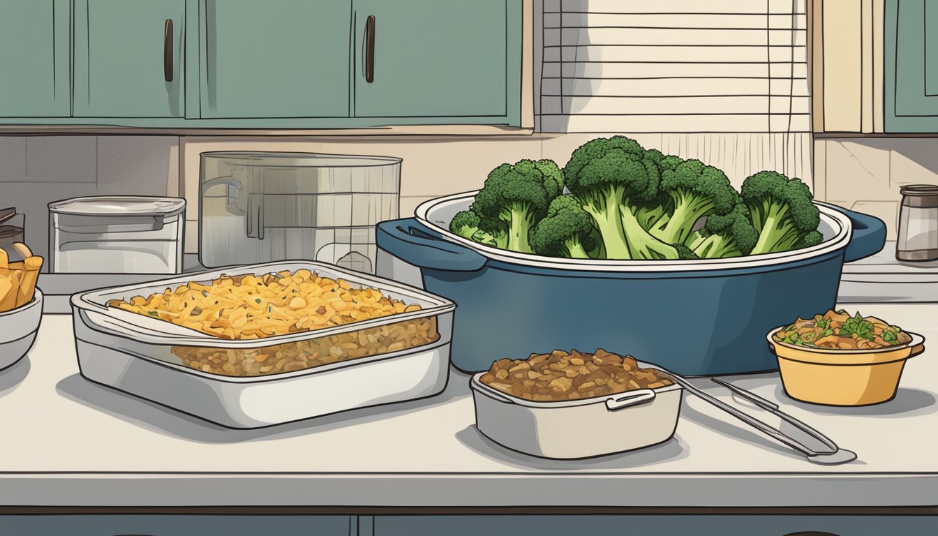 A beef and broccoli casserole sits in a covered dish on a kitchen counter, surrounded by various containers of leftovers. A calendar on the wall indicates the current date