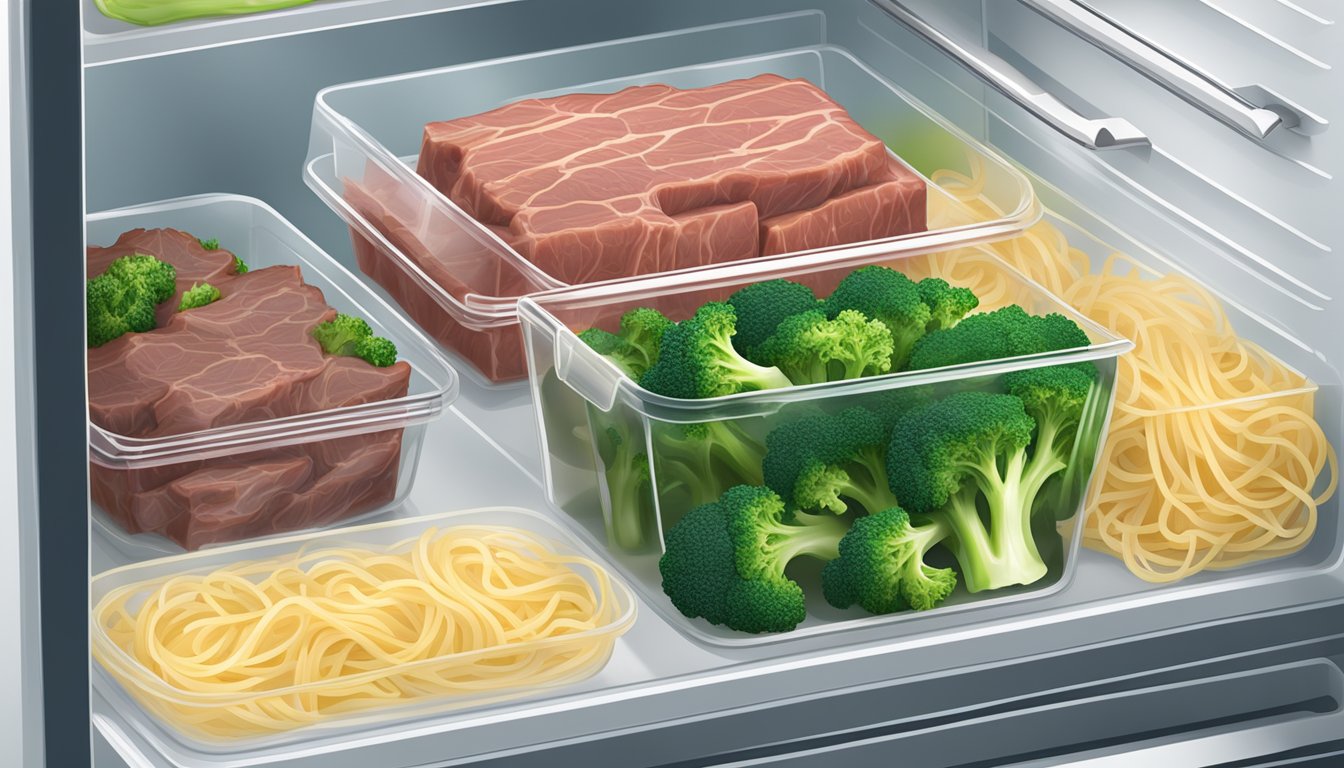 A sealed container of beef and broccoli with noodles stored in the refrigerator for up to 3-4 days