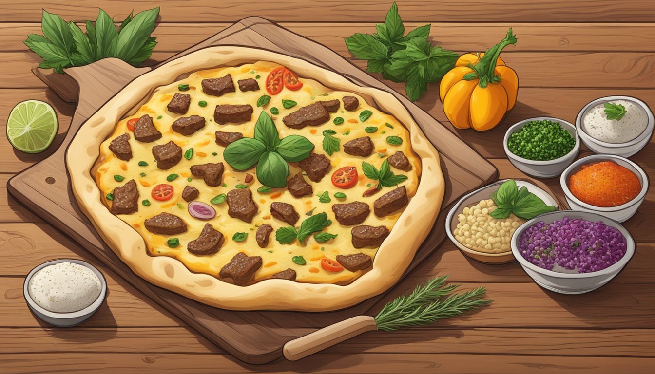 A beef and cheese flatbread sits on a wooden cutting board, surrounded by colorful spices and herbs. The flatbread appears fresh and inviting