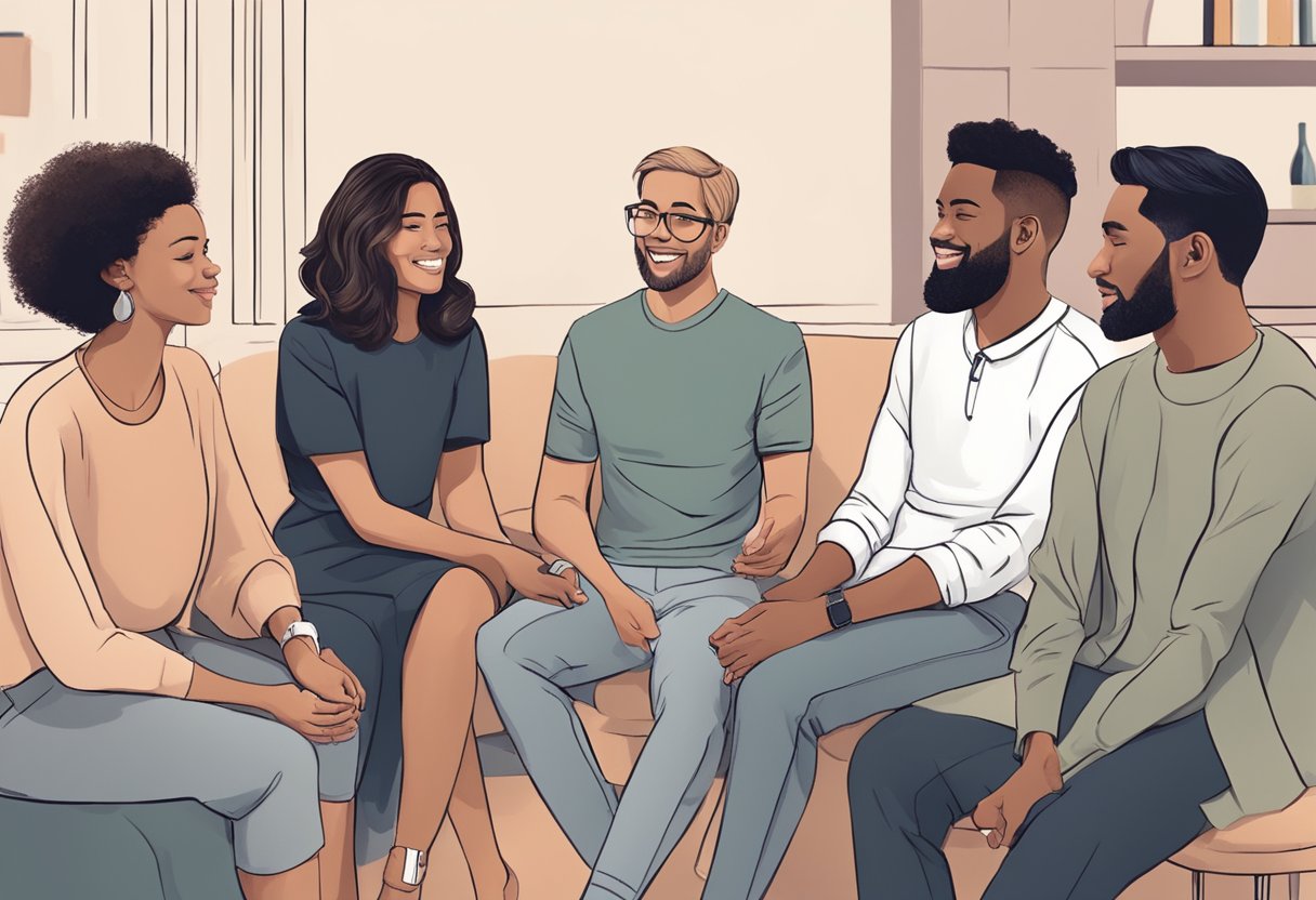 A group of diverse individuals engaging in conversation, with open body language and warm expressions, while maintaining a comfortable distance from each other