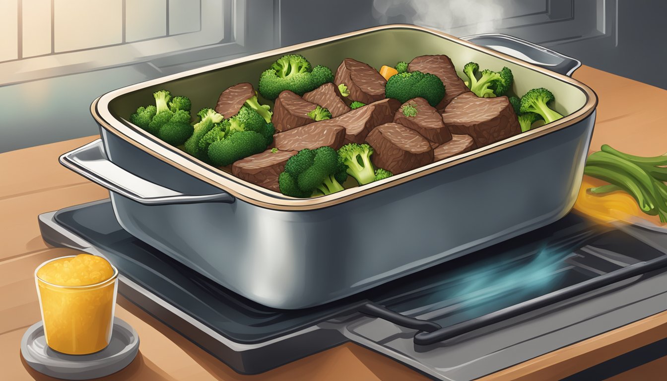 A casserole dish with beef and broccoli inside, being heated in the oven