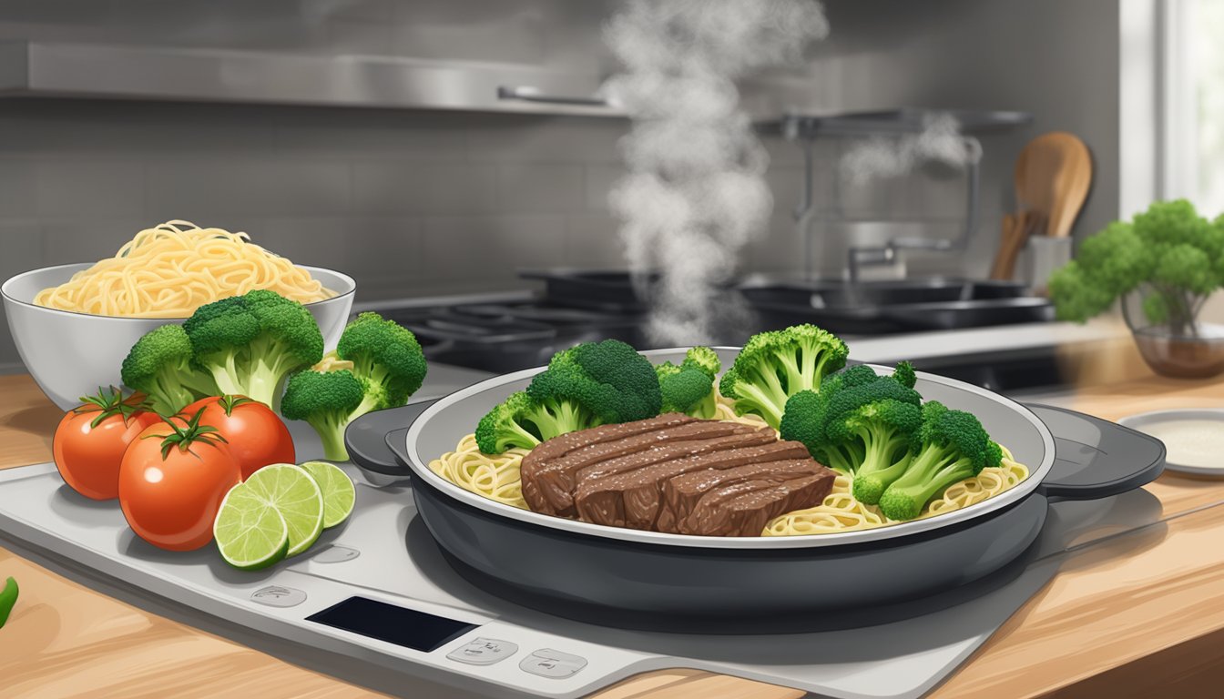 A steaming plate of beef and broccoli with noodles sits on a kitchen counter, surrounded by fresh ingredients and a digital timer