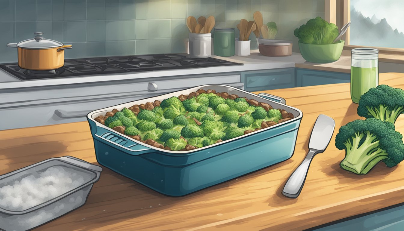 A beef and broccoli casserole sits on a kitchen counter, surrounded by frost and condensation as it transitions from frozen to steaming hot