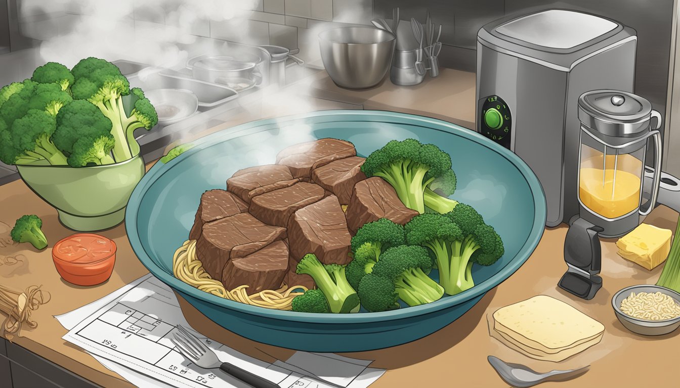 A steaming bowl of beef and broccoli with noodles sits on a kitchen counter, surrounded by a timer and a food safety chart