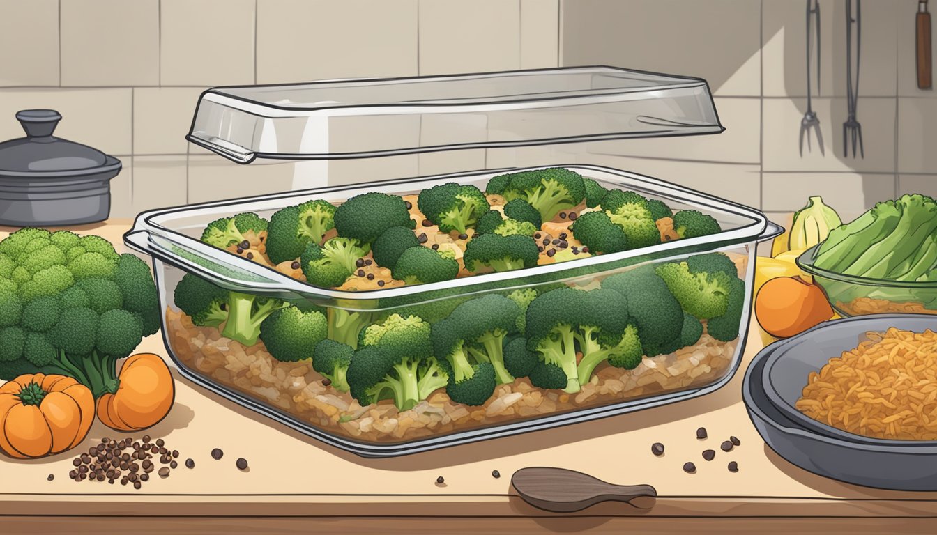 A beef and broccoli casserole sits on a kitchen counter, covered in a glass dish, surrounded by various ingredients and spices