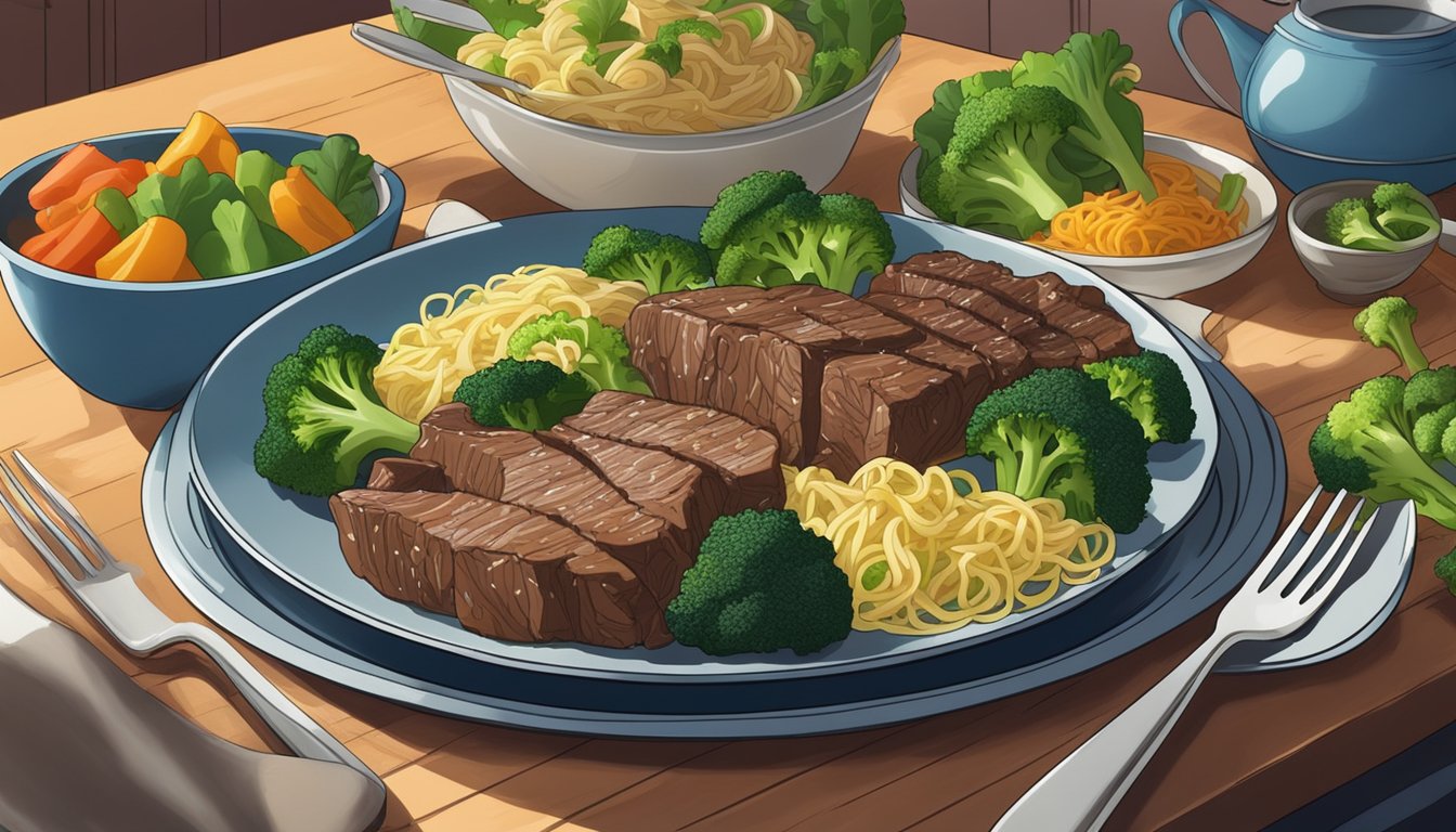 A steaming plate of beef and broccoli with noodles sits on a kitchen table, surrounded by colorful vegetables and herbs