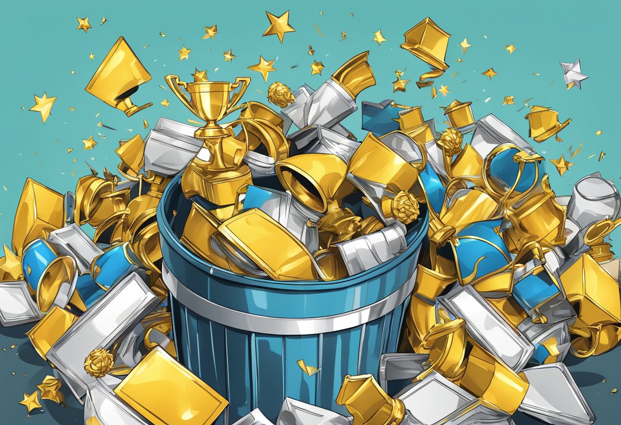 A pile of trophies and awards being thrown into a trash can