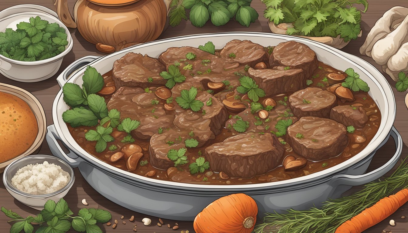 A steaming casserole dish filled with tender beef, hearty mushrooms, and rich gravy, surrounded by fresh herbs and spices