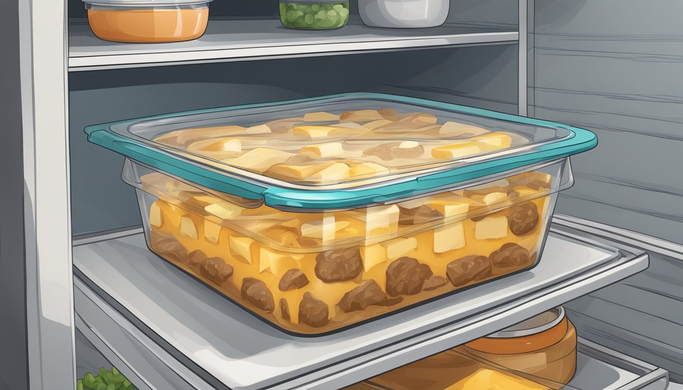 A beef and cheese casserole is stored in an airtight container in the refrigerator. It is labeled with the date it was made