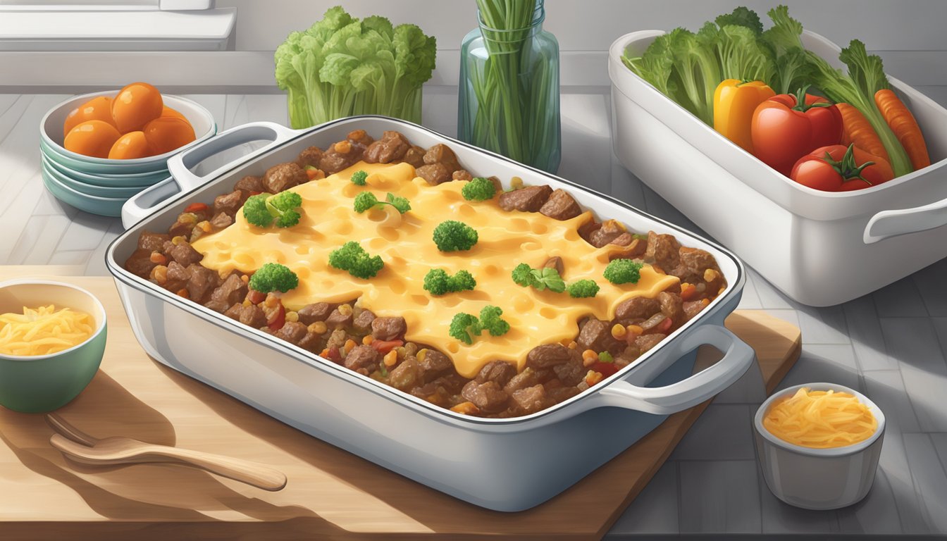 A casserole dish with layers of beef, cheese, and vegetables, sitting on a counter with frost on the edges