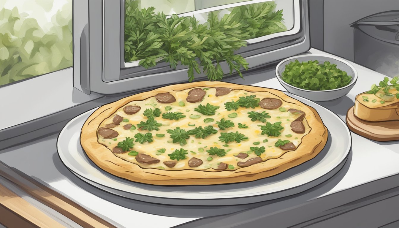 A beef and cheese flatbread sits on a plate, surrounded by fresh herbs and a drizzle of olive oil. A microwave timer reads "30 seconds."