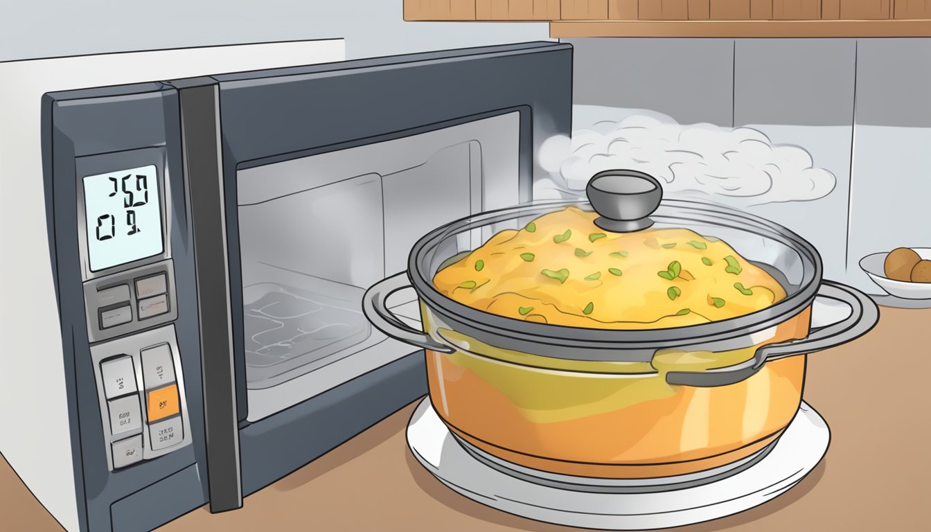 A beef and cheese casserole sits in a microwave, the timer set for 2 minutes. Steam rises from the dish as it heats up