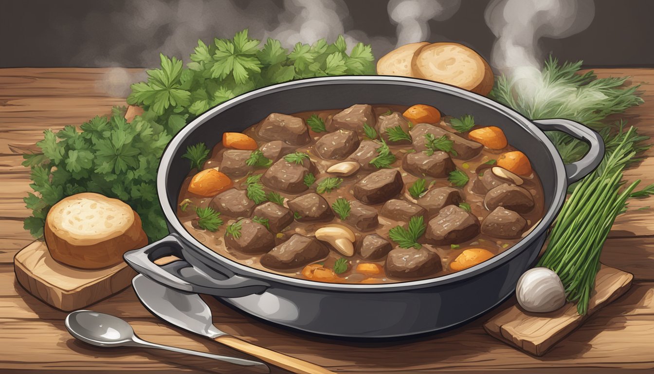 A steaming beef and mushroom casserole sits on a rustic wooden table, surrounded by fresh herbs and a serving spoon