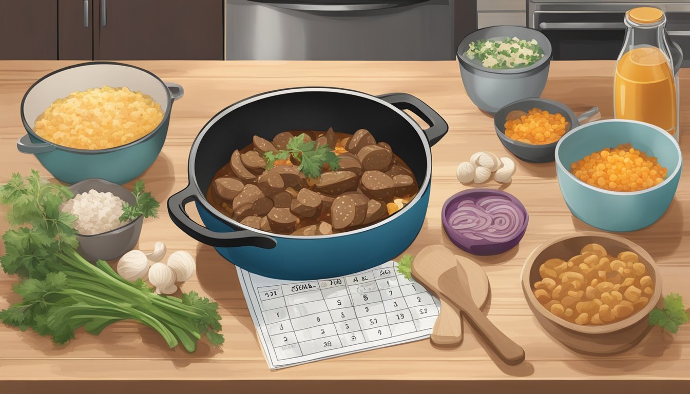 A steaming beef and mushroom casserole sits on a kitchen counter, surrounded by various ingredients and a calendar showing the current date