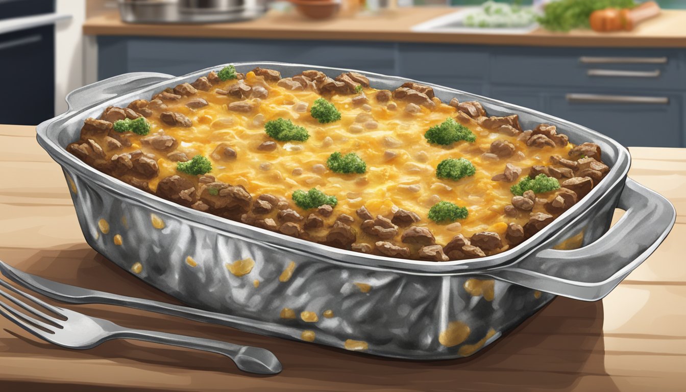 A casserole dish with beef and cheese, covered with foil, sitting on a kitchen counter. The dish appears to be spoiled with mold and a foul odor emanating from it