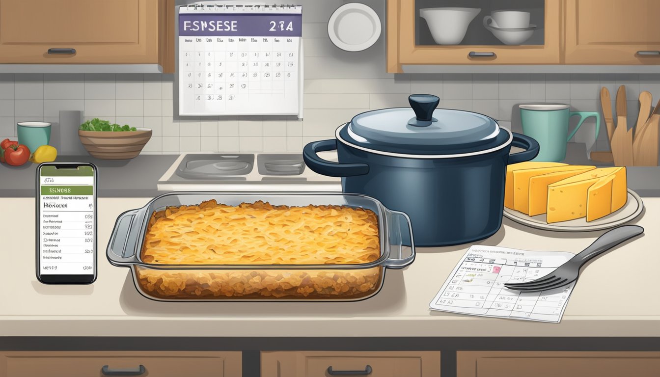 A beef and cheese casserole sits on a kitchen counter next to a nutrition label, with a calendar in the background indicating the passage of time