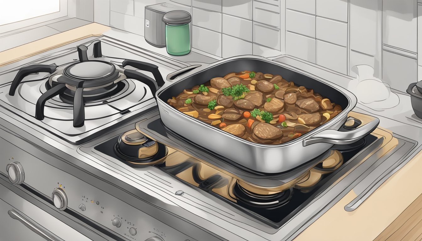 A steaming beef and mushroom casserole sits on a kitchen counter, surrounded by various reheating techniques such as a microwave, oven, and stovetop