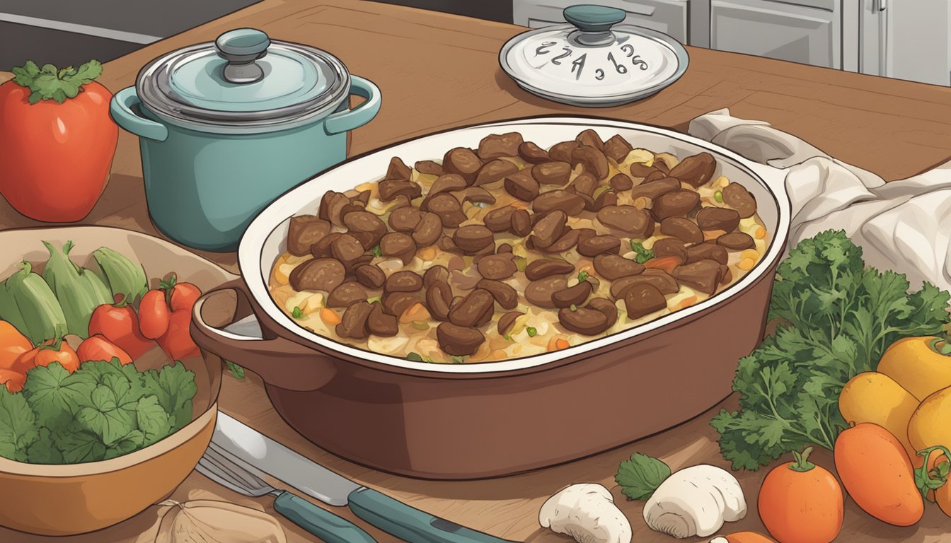 A beef and mushroom casserole sits in a covered dish on a kitchen counter, surrounded by fresh ingredients and a calendar showing the current date