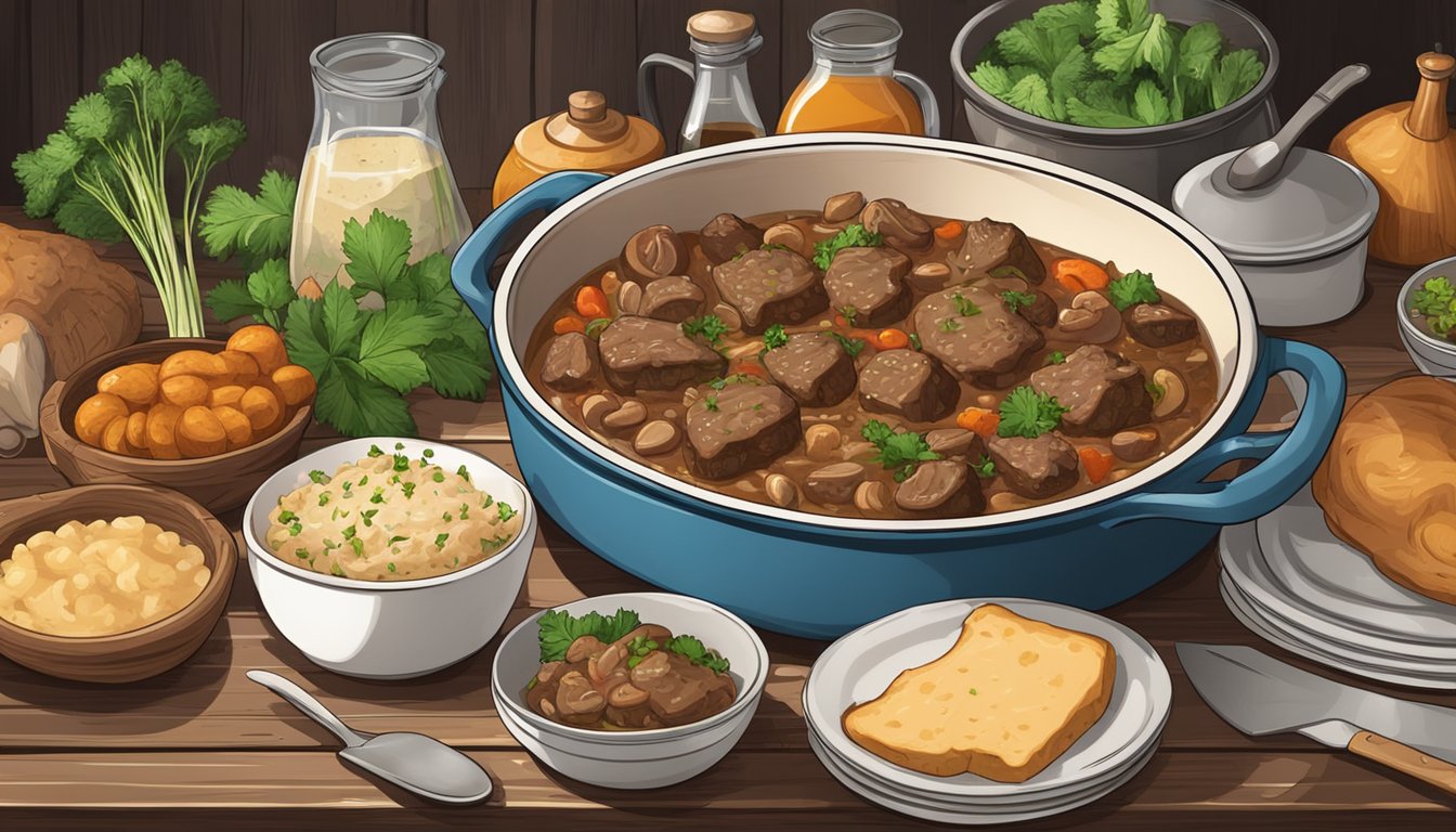 A hearty beef and mushroom casserole sits in a covered dish on a rustic wooden table, surrounded by fresh ingredients and kitchen utensils