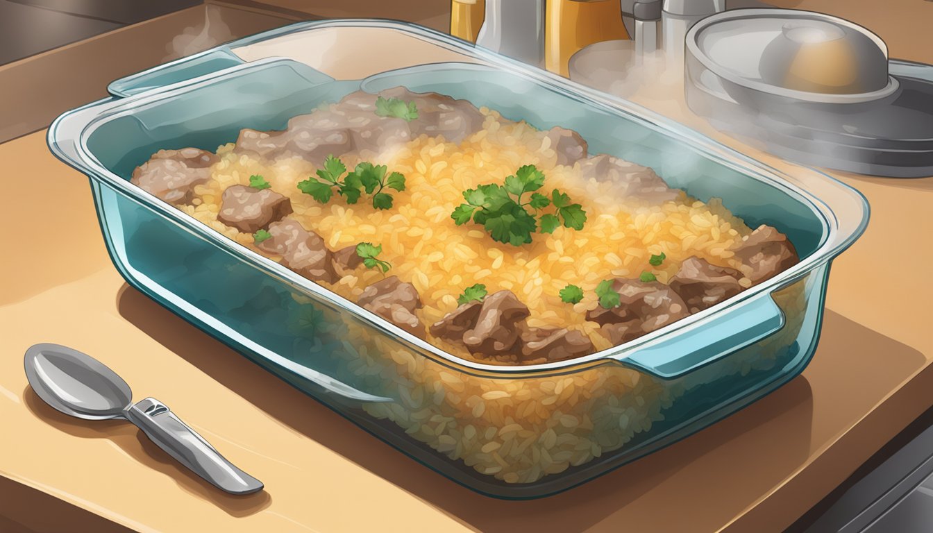 A beef and rice casserole sits on a kitchen counter, covered in a glass casserole dish. The steam rises from the dish, indicating its warmth