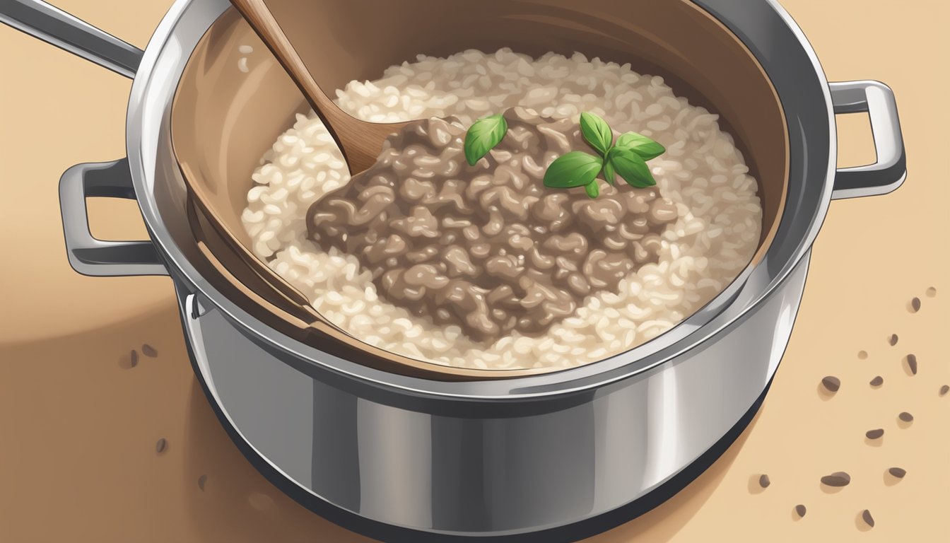 A pot of beef and mushroom risotto sits on a stovetop, steam rising from the creamy mixture. A wooden spoon rests on the edge of the pot