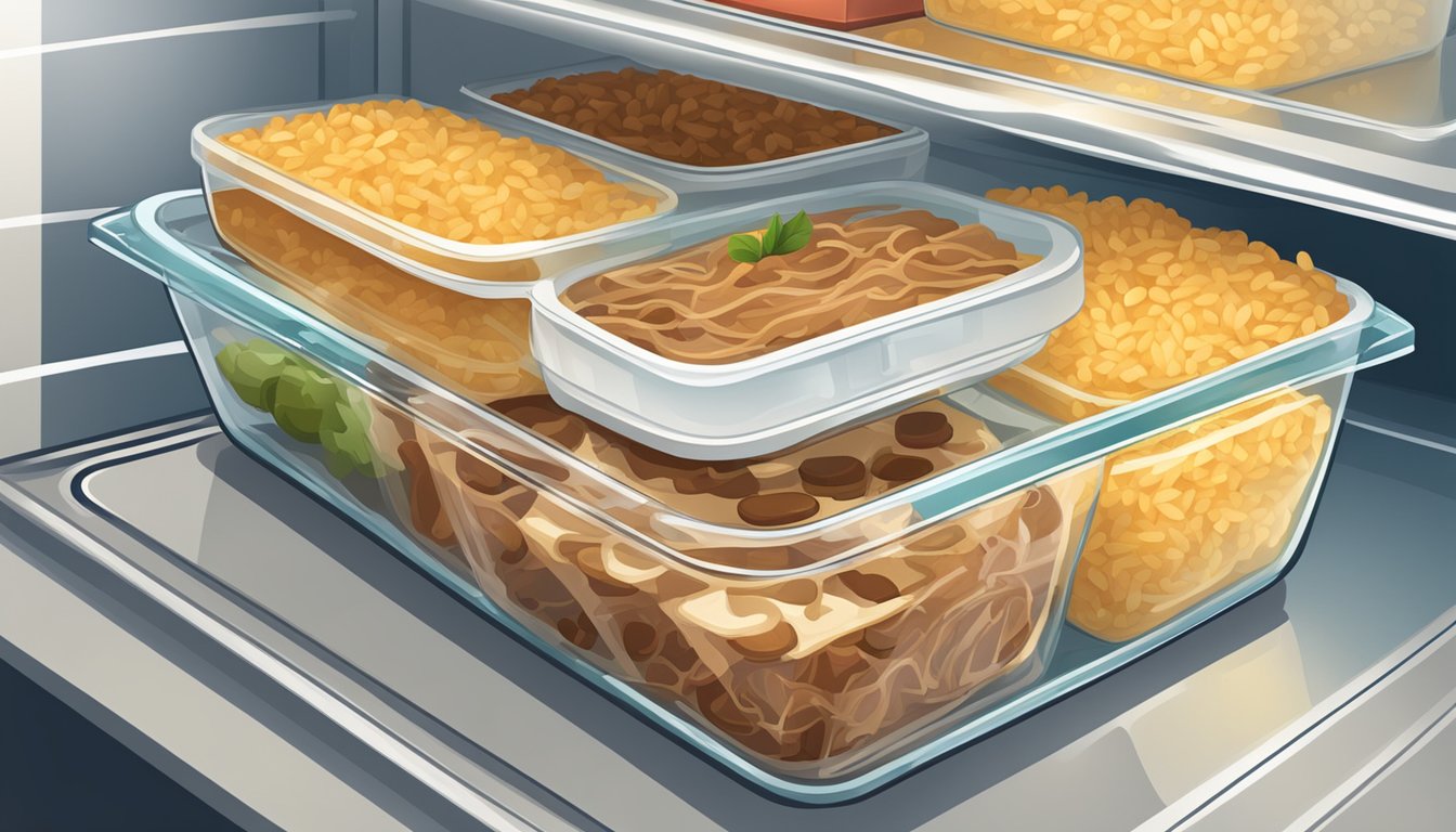 A sealed glass container of beef and rice casserole stored in the refrigerator