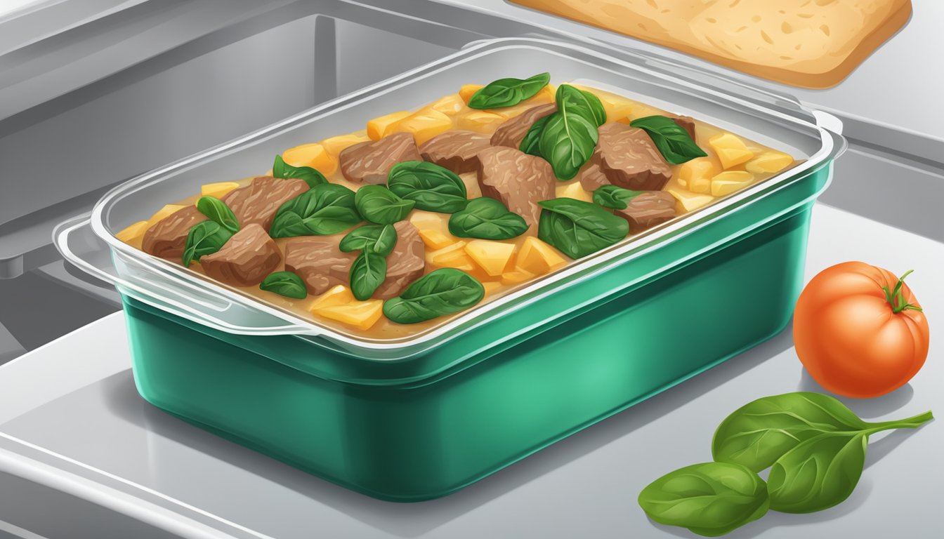 A beef and spinach casserole is stored in an airtight container in the refrigerator