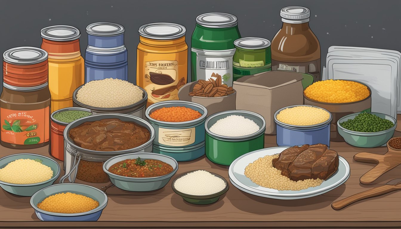 A beef and rice casserole sitting on a shelf, surrounded by various canned goods and spices