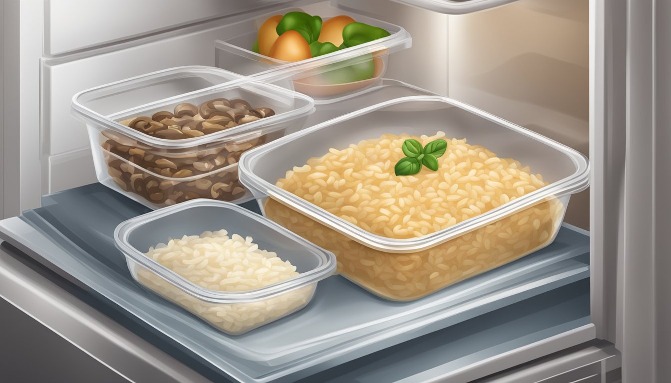 A sealed container of beef and mushroom risotto stored in a refrigerator