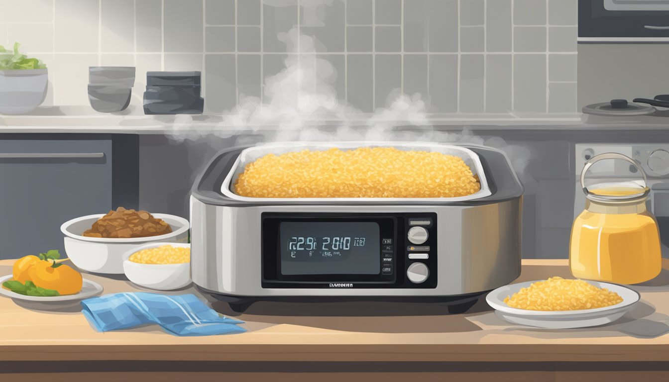 A steaming beef and rice casserole sits on a kitchen counter, covered with foil. A timer on the microwave displays the remaining time for reheating