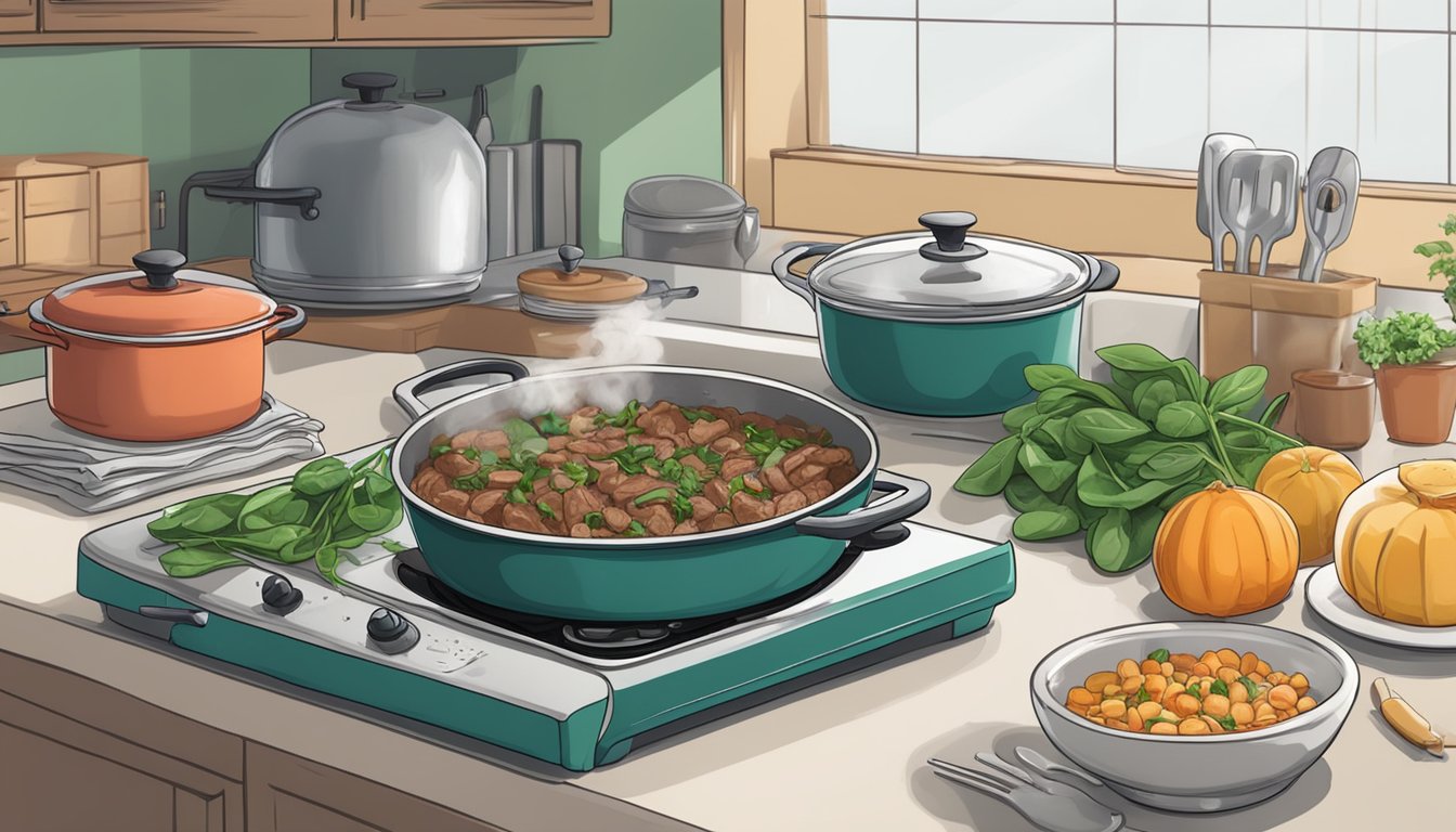 A steaming beef and spinach casserole sits on a kitchen counter, surrounded by utensils and a timer set for reheating