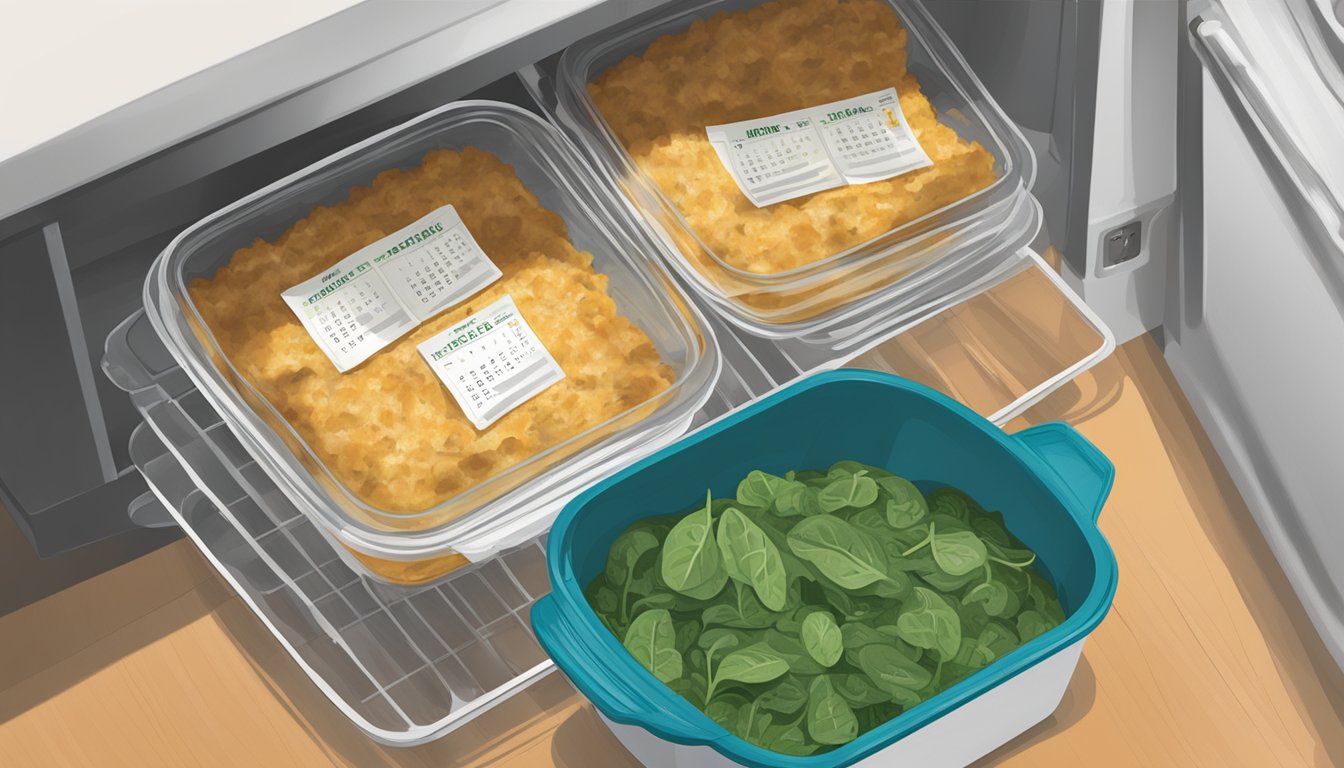 A beef and spinach casserole sits in a sealed container in the refrigerator, with a calendar nearby showing the current date and a date marked for when the casserole should be discarded