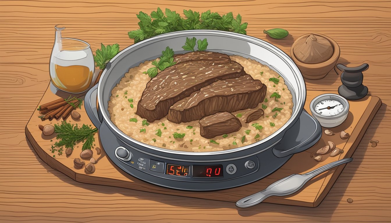 A steaming bowl of beef and mushroom risotto sits on a wooden table, surrounded by aromatic herbs and spices. A microwave timer displays the remaining time for reheating