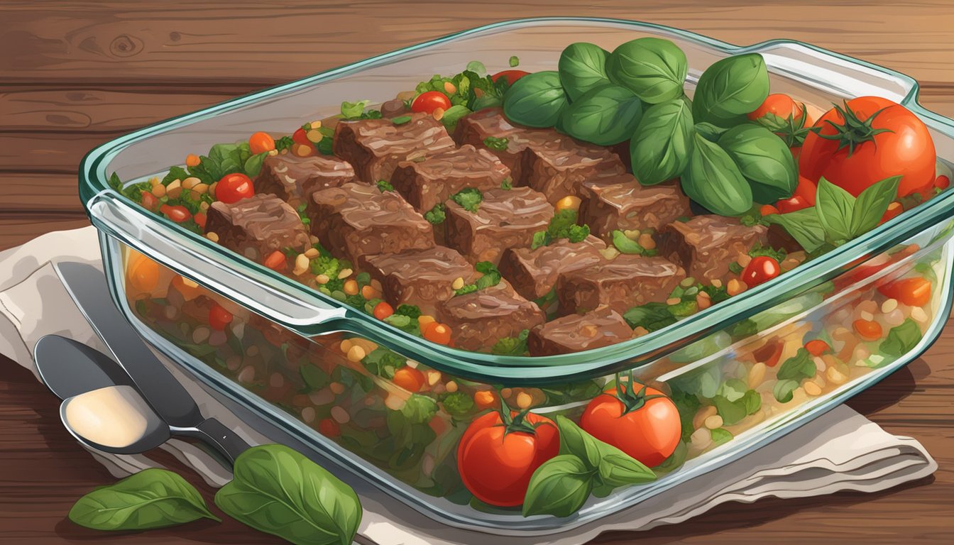 A hearty beef and spinach casserole sits in a glass baking dish on a rustic wooden table, surrounded by fresh ingredients such as tomatoes, herbs, and spices