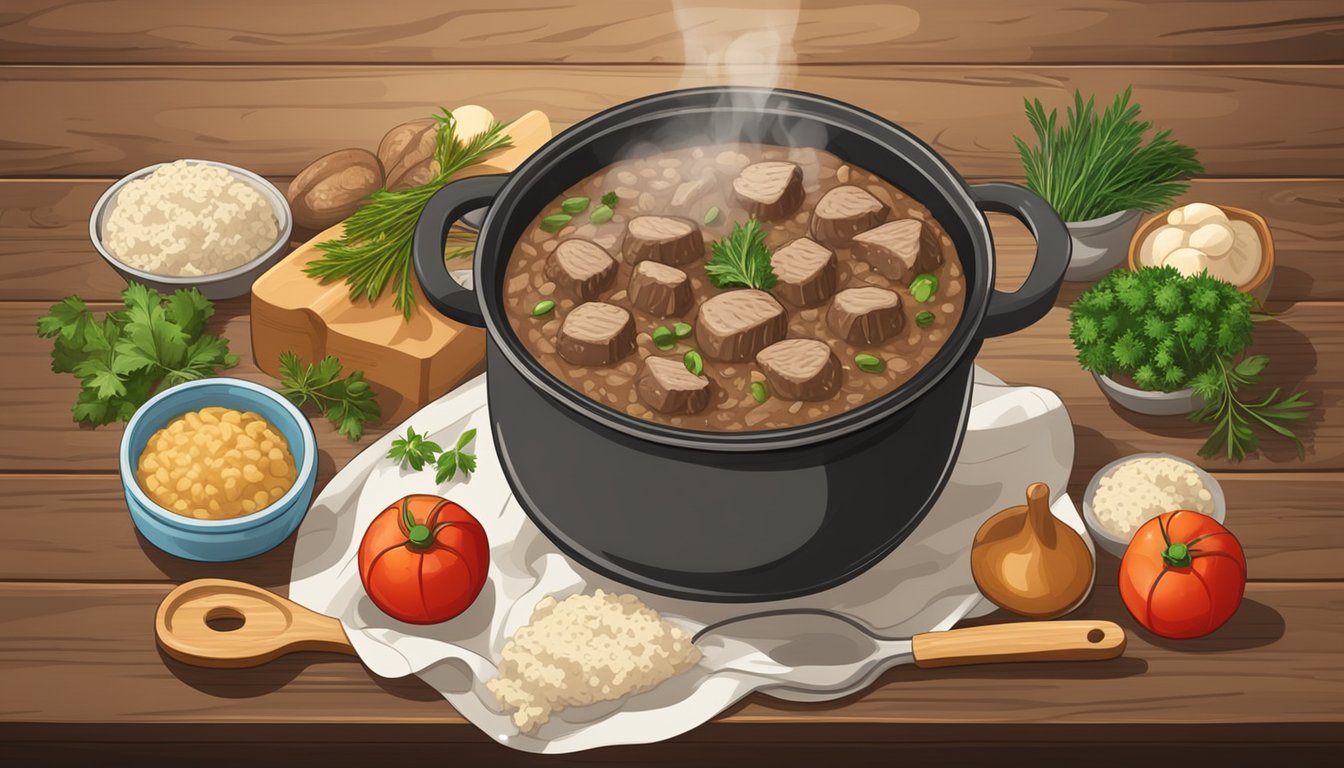 A steaming pot of beef and mushroom risotto sits on a rustic wooden table, surrounded by fresh ingredients and cooking utensils