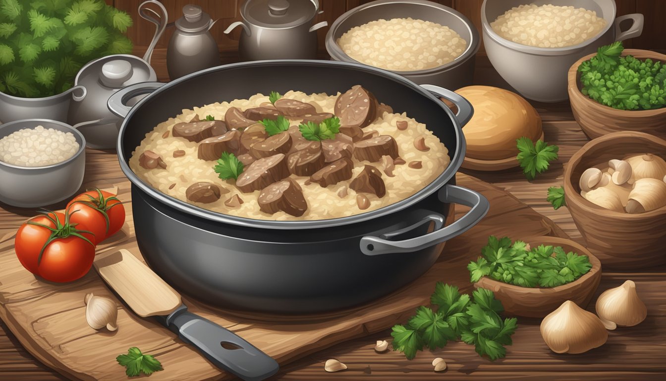 A steaming pot of beef and mushroom risotto sits on a rustic wooden table, surrounded by fresh ingredients and cooking utensils