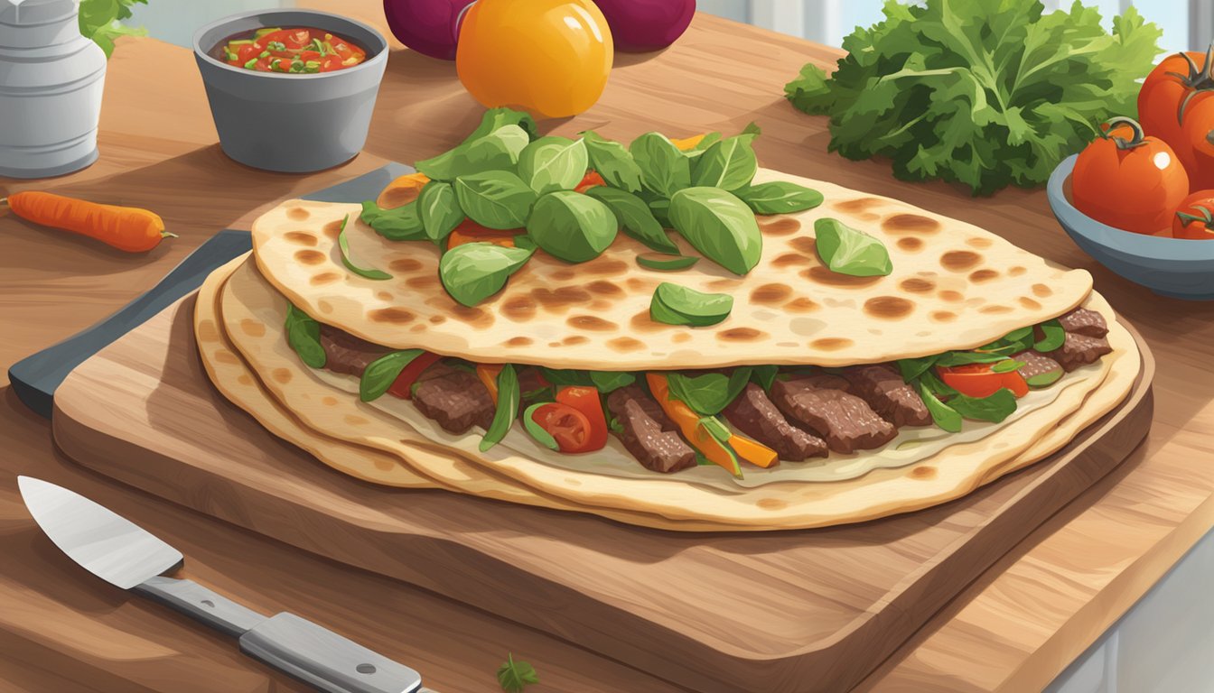 A beef and vegetable flatbread sits on a wooden cutting board next to a bowl of fresh ingredients. The kitchen counter is clean and well-lit