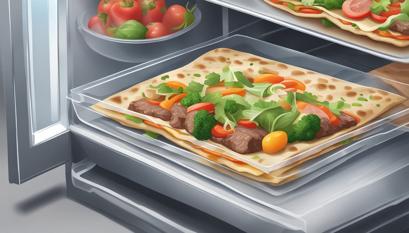 A beef and vegetable flatbread stored in airtight packaging in a refrigerator